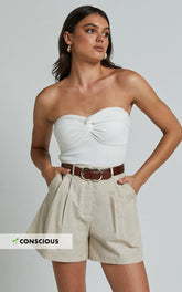 Ali Linen Blend Shorts - High Waisted Cuffed Shorts in Natural