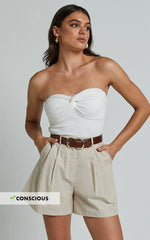 Ali Linen Blend Shorts - High Waisted Cuffed Shorts in Natural