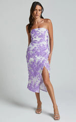 Brailey Midi Dress - Thigh Split Strapless Dress in Purple Jacquard