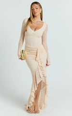 Rhea Maxi Dress - Long Sleeve Ruched Ruffle Hem Dress in Blush