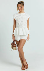 Alina Two Piece Set - Ruched Detail Top and Short Pants Set in White