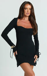Oscar Mini Dress - Long Tie Sleeve Square Neck Dress in Black