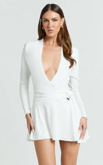 Cannes Mini Dress - Jersey Wrap Hardware Detail Flounce Skirt Dress in Off White