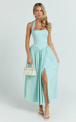 Helda Midi Dress - Halter Tie Neck Corset Panel Dress in Mint