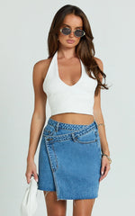 Rihanna Skirt - High Waisted Asymmetrical Denim Skirt in Mid Blue Wash