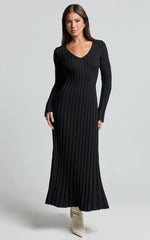 Astra Maxi Dress - V Neck Long Sleeve Knit Dress in Black