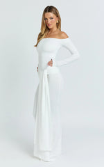 Judith Maxi Dress - Boat Neck Backless Tie Front Long Sleeve Jersey Dress in Cream