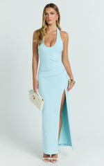 Ruby Maxi Dress - Halter Scoop Neck Low Back Bodycon Dress in Light Blue