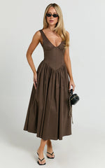 Beckett Midi Dress - Scoop Neck Drop V Waist Gathered Skirt Dress in Dark Chocolate