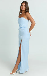 Camila Maxi Dress - Corset Panel Drape Matte Satin Dress in Blue