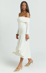 Carissa Midi Dress - Off Shoulder Long Sleeve Flounce Skirt Jersey Dress in Ivory