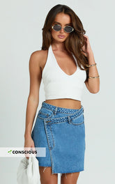Rihanna Skirt - High Waisted Asymmetrical Denim Skirt in Mid Blue Wash