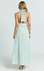 Jeienn Midi Dress - Line Placket Front Skirt Dress in Mint Stripe