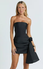 Ada Mini Dress - Strapless Rosette Draped Waist Dress in Black