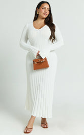 Astra Maxi Dress - V Neck Long Sleeve Knit Dress in White