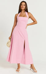 Narissa Midi Dress - Halter A Line Dress in Pink Gingham