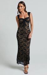 Collette Midi Dress - Ruched Bust Wide Strap Detail Lace Midi Dress in Black