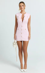 Branson Mini Dress - Sleeveless Button Down Knitted Dress in Plain Pink
