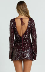 Bertina Mini Dress - Sequin Scoop Neck Low Back Dress in Wine