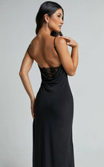 Carrie Maxi Dress - Cowl Back Lace Insert Dress in Black