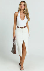 Janeve Midi Skirt - Front Split Denim Skirt in Ecru