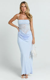 Rania Maxi Dress - Contrast Lace Bodice Bias Cowl Drop Waist Dress in Soft Blue