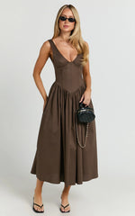 Beckett Midi Dress - Scoop Neck Drop V Waist Gathered Skirt Dress in Dark Chocolate