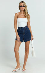 Rhianna Shorts - Mid Waist Recycled Denim Shorts in Indigo Wash