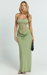 Rania Maxi Dress - Contrast Lace Bodice Bias Cowl Drop Waist Dress in Sage