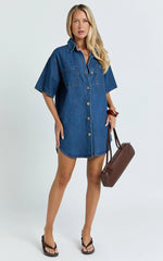 Richelle Mini Dress - Short Sleeve Denim Shirt Dress in Mid Blue