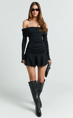 Ophelia Mini Dress - Off Shoulder Flip Skirt Jersey Ruched Dress in Black