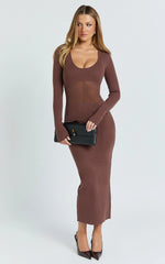 Odessa Midi Dress - U Neck Long Fitted Sleeve Sheer Waist Fitted Knit Dress in Chocolate