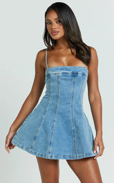 Sally Mini Dress - Straight Neck Fit and Flare Denim Dress in Mid Blue Wash