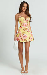 Marianna Mini Dress - Floral Print V Neck Fit and Flare Dress in Yellow