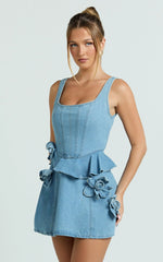 Delia Mini Dress - Denim Fit And Flare Dress in Light Blue Wash