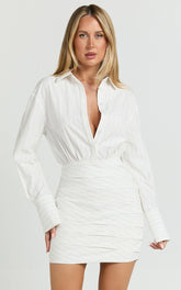 Elliot Mini Dress - Long Sleeve Pinstripe Shirt Dress in White Stripe
