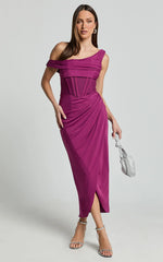 Aidia Midi Dress - Off Shoulder Draped Corset Dress in Plum