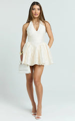 Posie Mini Dress - Plunge Fit And Flare Dress in Cream