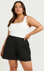 Ali Linen Blend Shorts - High Waisted Cuffed Shorts in Black