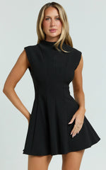 Becky Mini Dress - High Neck Sleeveless Fit And Flare Dress in Black