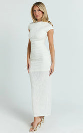 Kayrene Maxi Dress - Short Sleeve Jacquard Dress in Cream