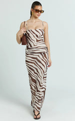 Gwendolyn Maxi Dress - Zebra Bias Spaghetti Strap Dress in Choc Zebra
