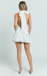 Bryonie Mini Dress - Backless Halter Dress in Ivory With Black Polka Dot