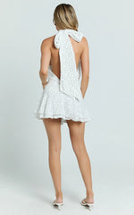 Bryonie Mini Dress - Backless Halter Dress in Ivory With Black Polka Dot