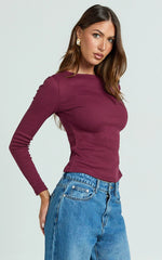 Alyse Top - Ribbed Long Sleeve Ruched Top in Wine
