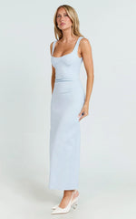 Benita Midi Dress - Scoop Neck Ruched Fitted Dress in Blue