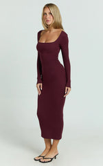Lucy Midi Dress - Ribbed Side Ruched Bodycon Dress in Wine