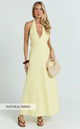 Connor Maxi Dress - Halter Neck Tie Back Dress in Lemon