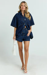 Rhianna Shorts - Mid Waist Recycled Denim Shorts in Indigo Wash