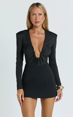 Giselle Bodysuit - Jersey Long Sleeve Deep U Gathered Neck Bodysuit in Black